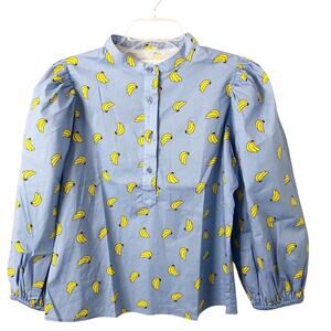 The Shirt by Rochelle Behrens Banana Print Blue Popover Button Shirt Size Small